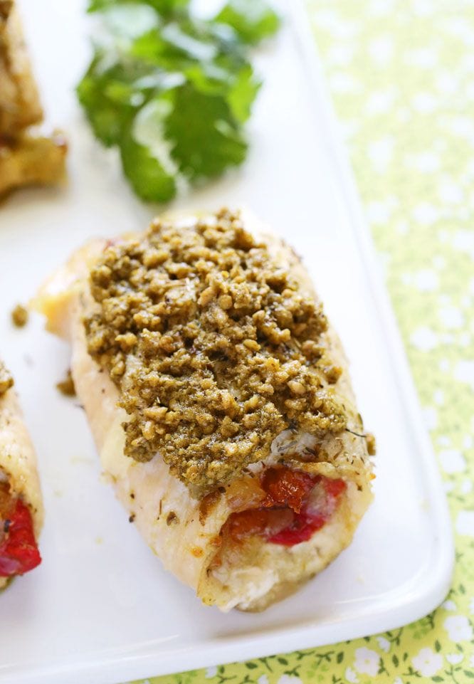 Mozzarella & Roasted Red Pepper Chicken Roll-ups with Pesto Sauce