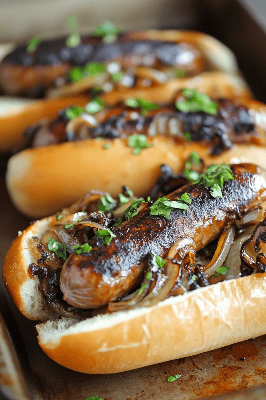 Oven-Braised Beer Brats with Caramelized Onions