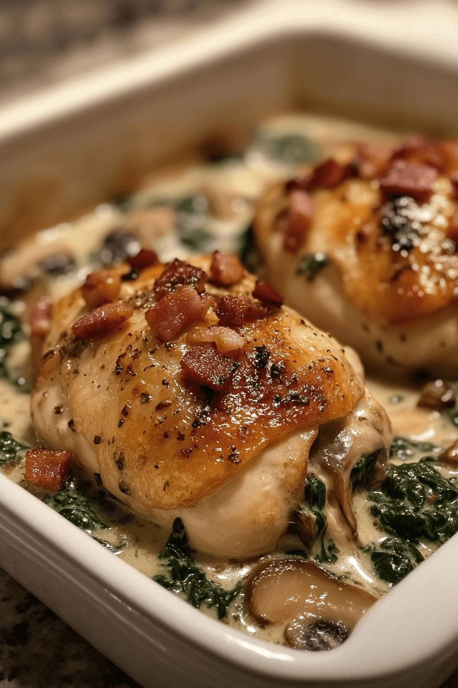 Smothered Chicken with Creamed Spinach, Bacon, and Mushrooms