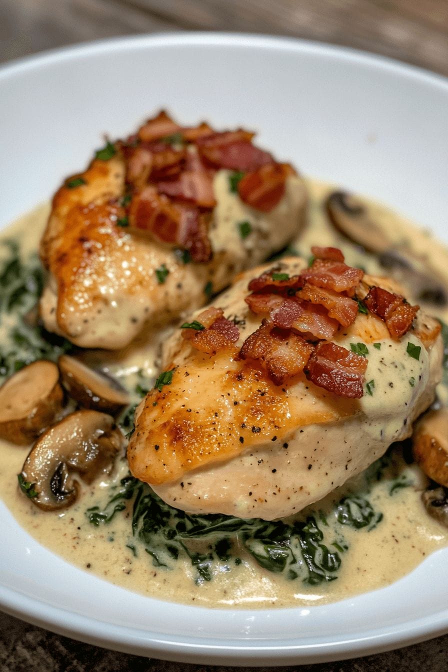 Smothered Chicken with Creamed Spinach, Bacon, and Mushrooms