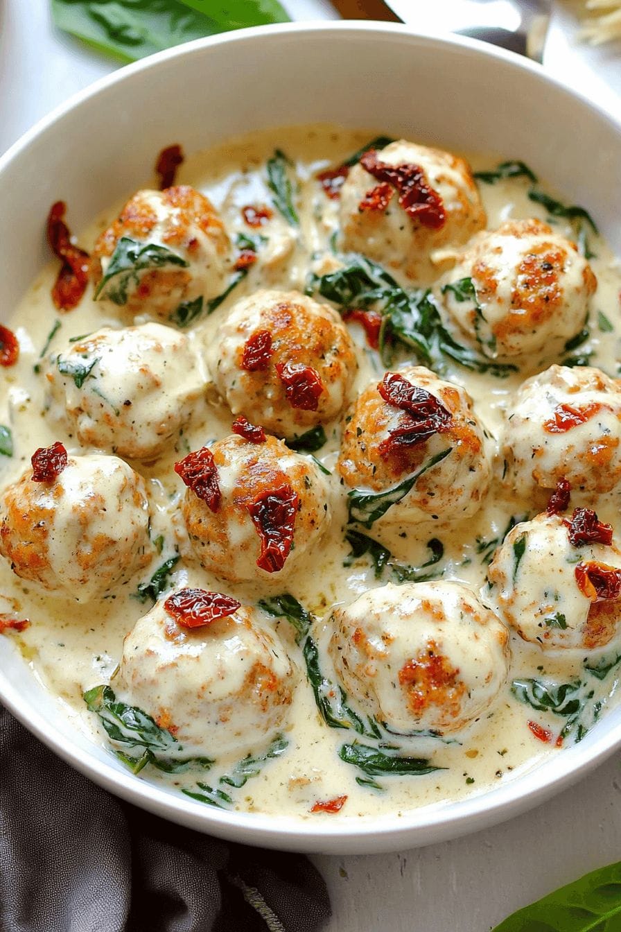 Baked Chicken Ricotta Meatballs with Spinach Alfredo Sauce - Taste Of ...