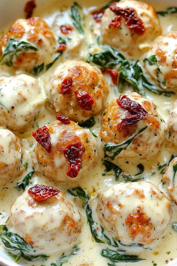 Baked Chicken Ricotta Meatballs with Spinach Alfredo Sauce