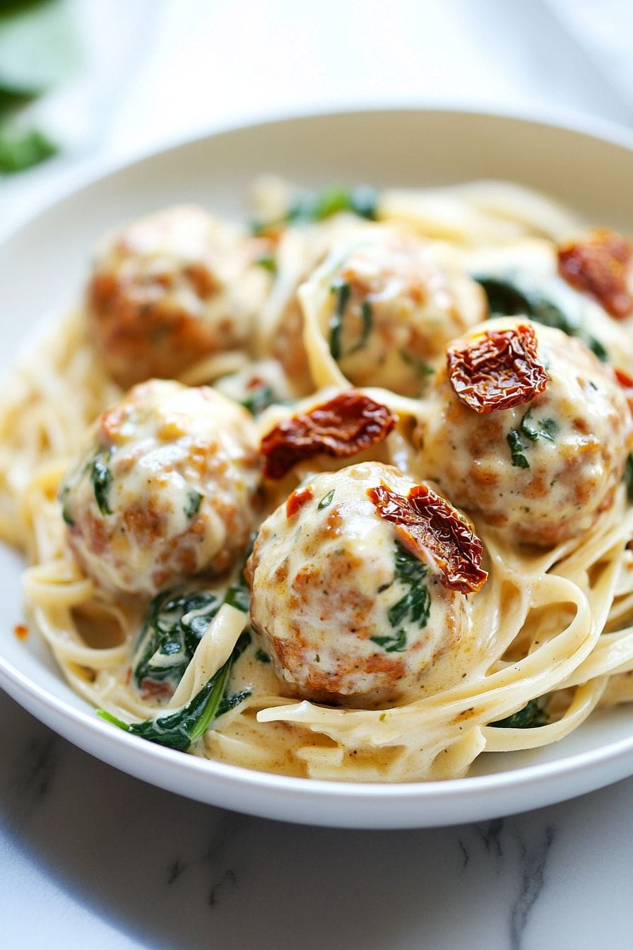 Baked Chicken Ricotta Meatballs with Spinach Alfredo Sauce