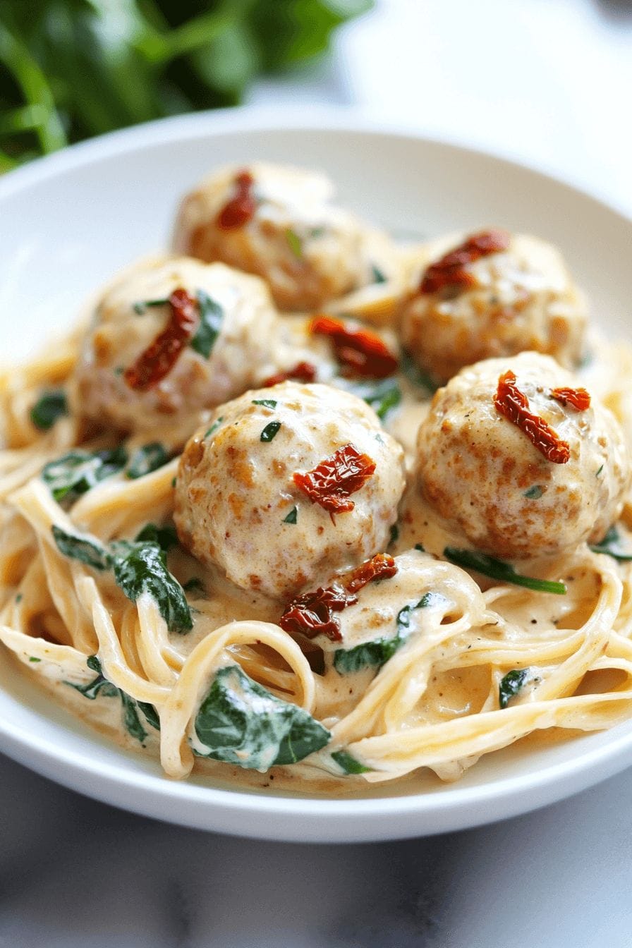 Baked Chicken Ricotta Meatballs with Spinach Alfredo Sauce