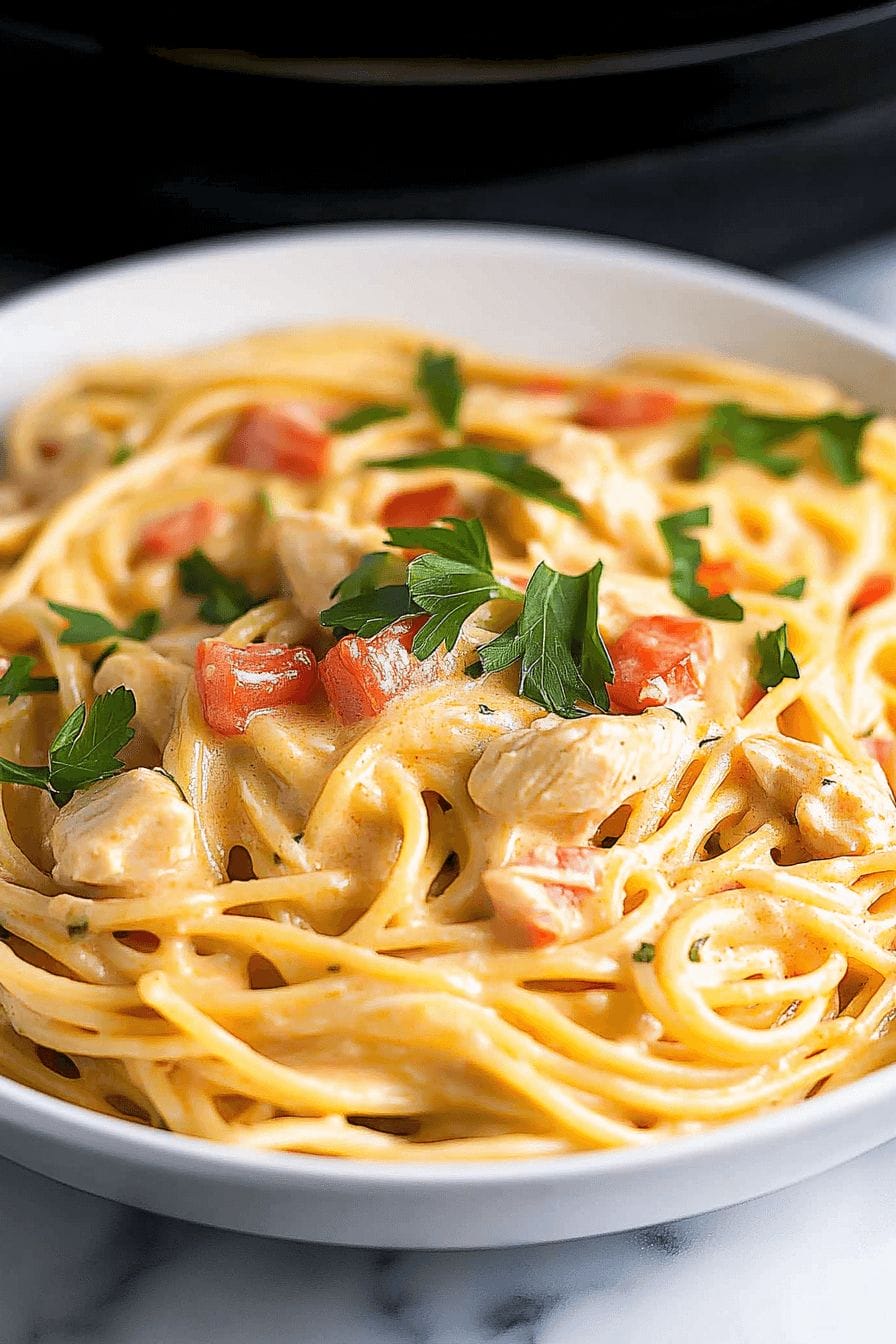 Creamy Crockpot Chicken Spaghetti