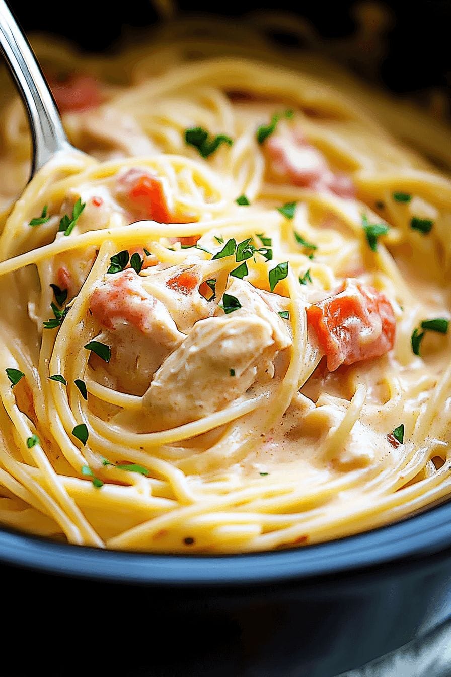 Creamy Crockpot Chicken Spaghetti