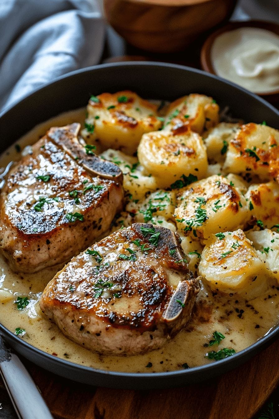 Garlic Butter Pork Chops with Cheesy Potato Bake