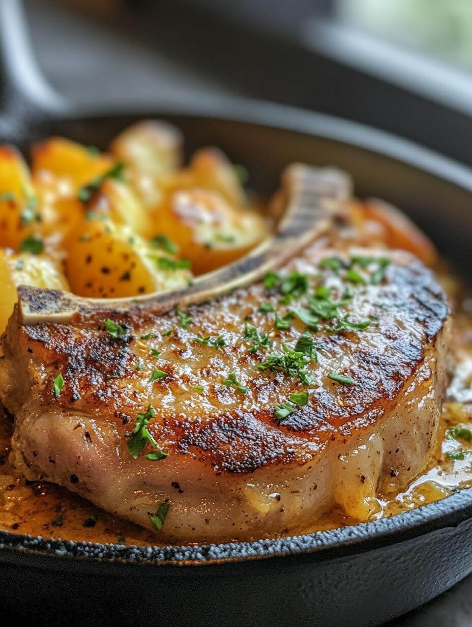 Garlic Butter Pork Chops with Cheesy Potato Bake
