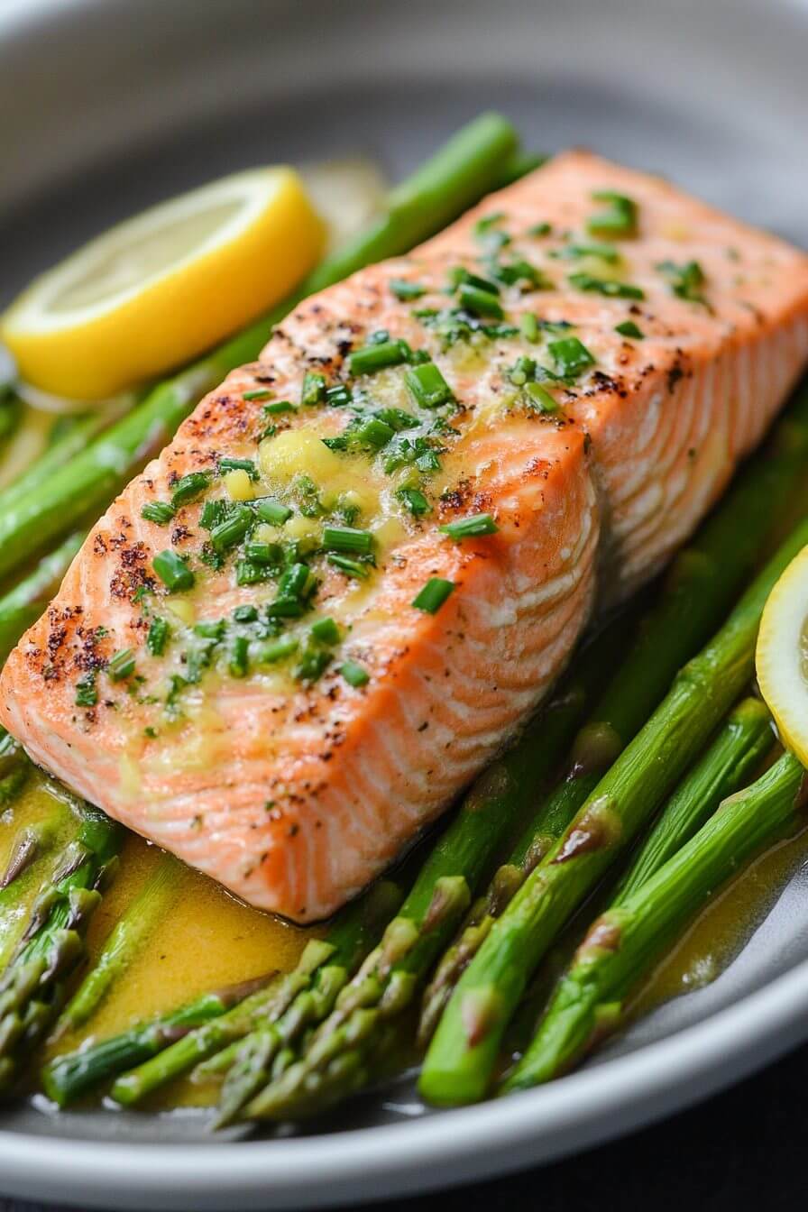 Baked Salmon with Asparagus, Lemon, Garlic and Butter Sauce