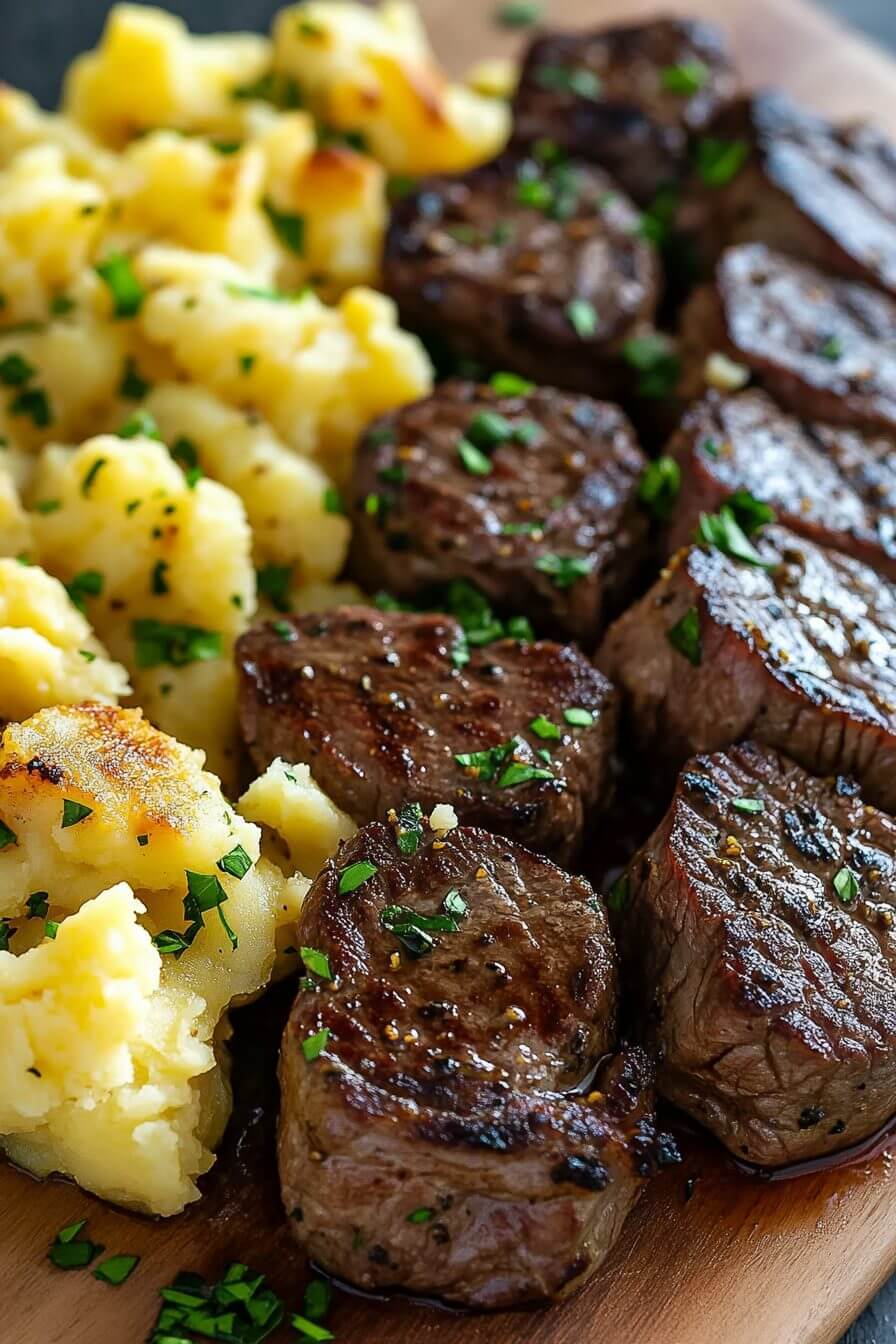 Garlic Butter Steak Bites and Cheesy Smashed Potatoes