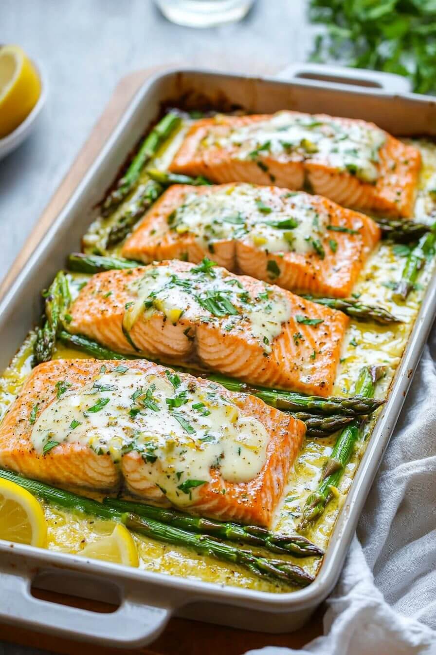 Baked Salmon with Asparagus, Lemon, Garlic and Butter Sauce