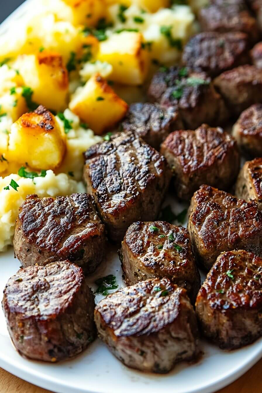Garlic Butter Steak Bites and Cheesy Smashed Potatoes