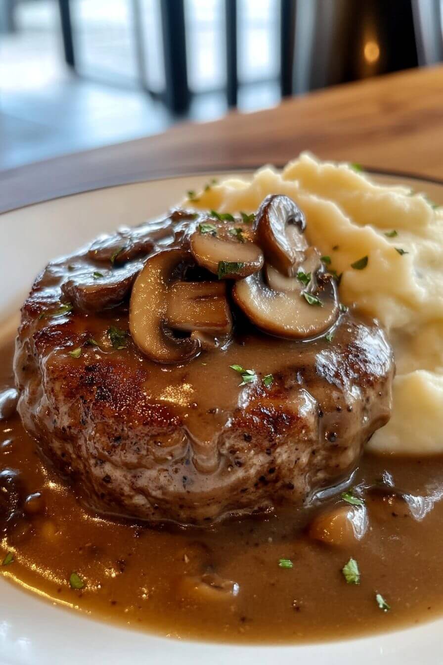 Salisbury Steak Garlic Mash Potatoes Mushroom & Onion Gravy