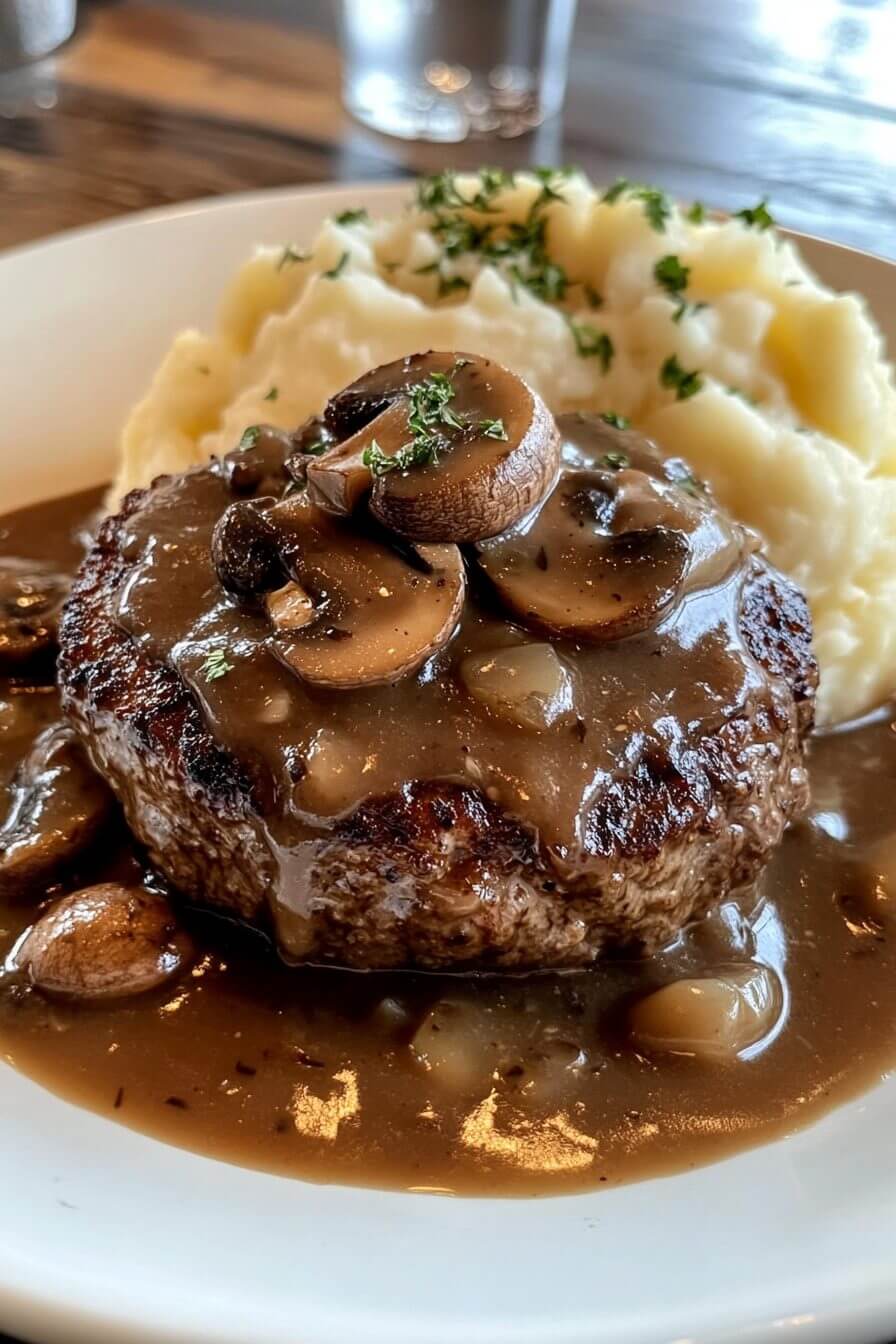 Salisbury Steak Garlic Mash Potatoes Mushroom & Onion Gravy