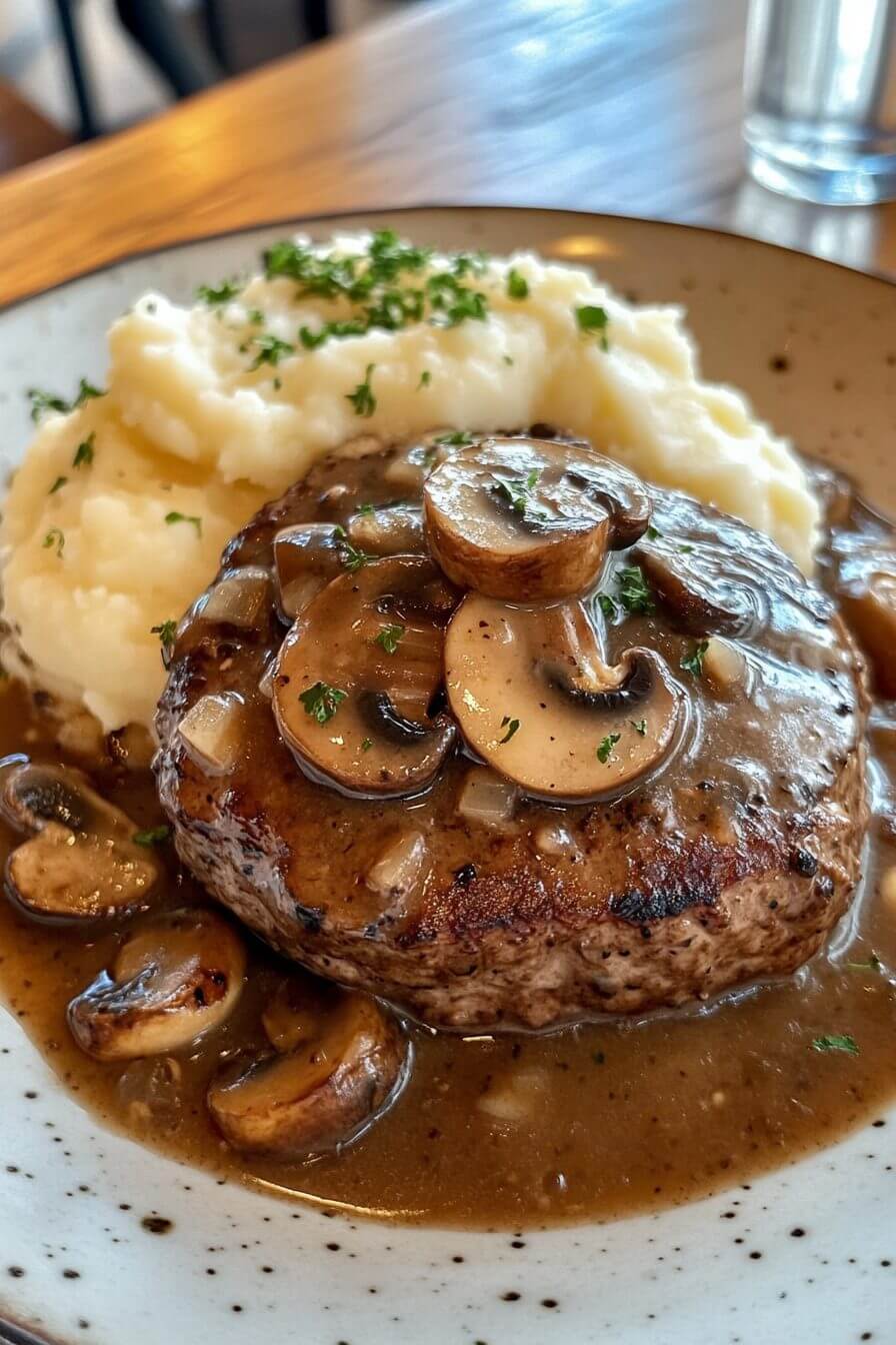 Salisbury Steak Garlic Mash Potatoes Mushroom & Onion Gravy
